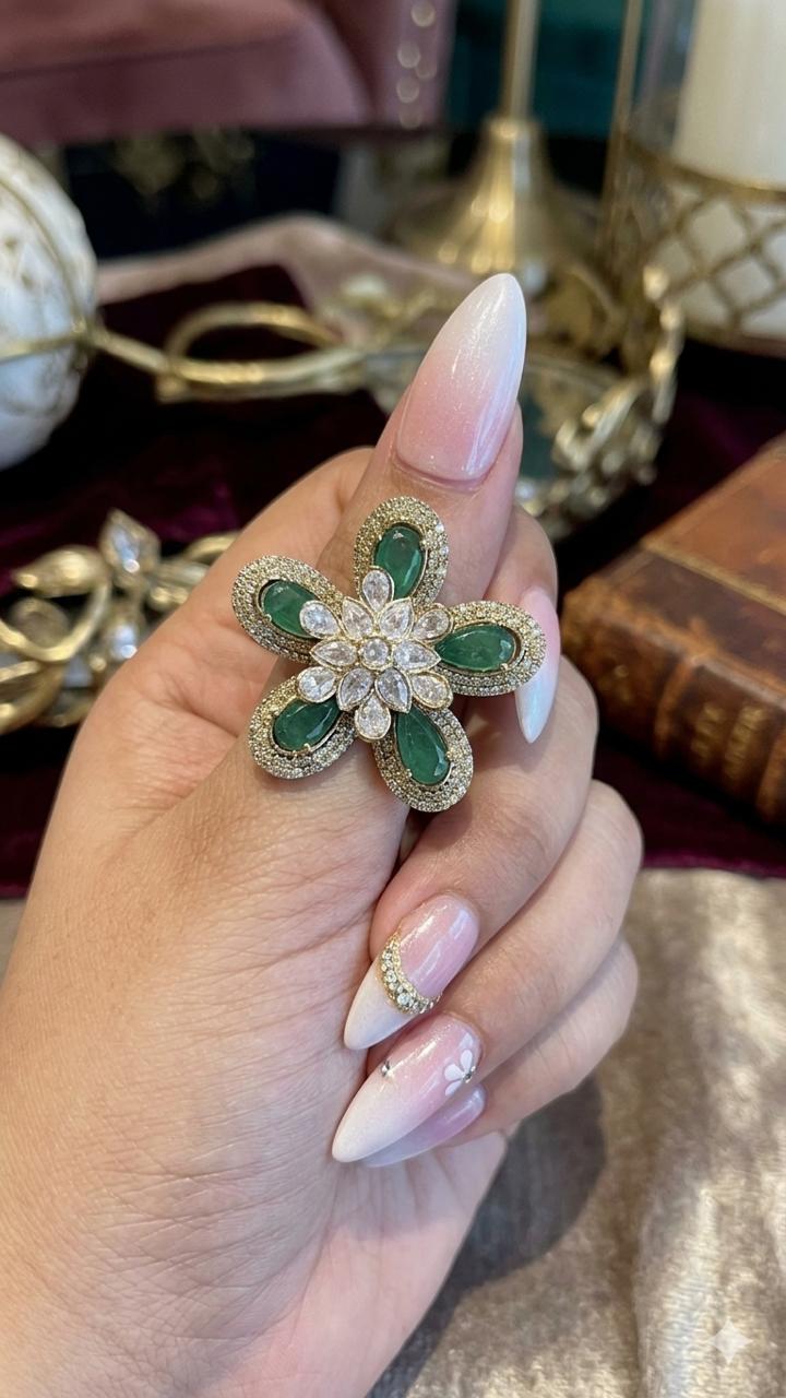Green Flower-Shaped Emerald Diamond Cocktail Ring